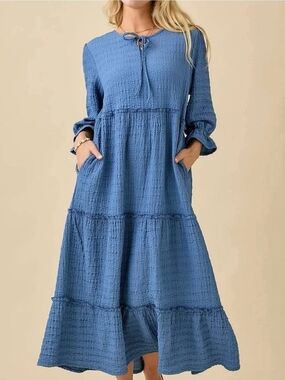 Celeste Blue Textured Tiered Maxi Dress